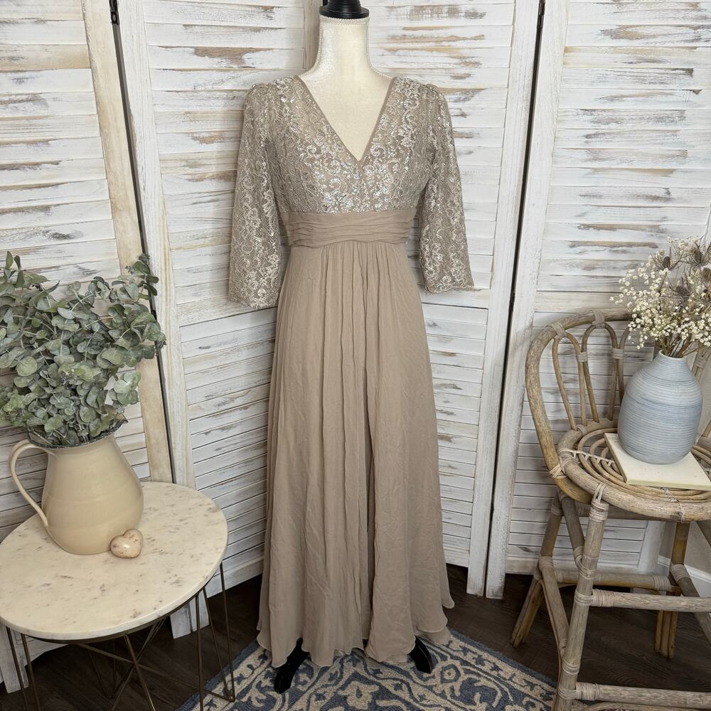 RICKIE FREEMAN TERI JON Women's 10 Lace Bodice Silk Gown Dress Champaign Sparkly - Picture 3 of 16